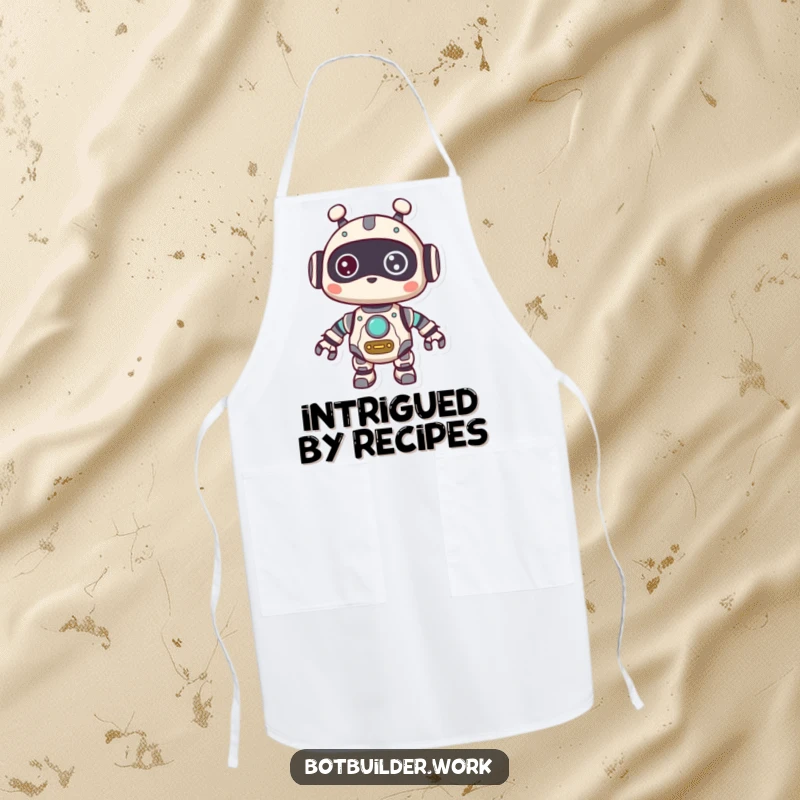 Funny Apron: A cute robot animal character with visible gears, looking around curiously, perfect for culinary explorations.