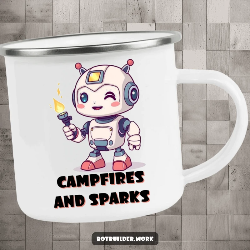 Funny Camping Mug: A cute robot animal character playfully holding a welding torch, ready for outdoor projects.