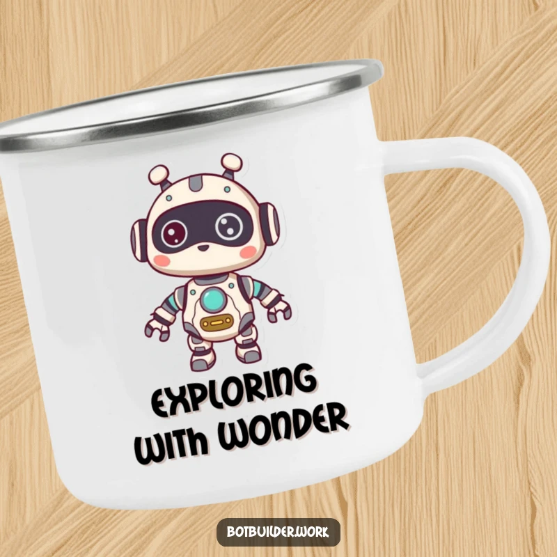 Funny Camping Mug: A cute robot animal character with visible gears, looking around curiously, perfect for outdoor contemplation.