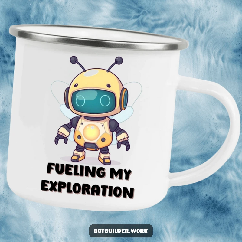 Funny robot bee design on a durable camping mug, buzzing around a glowing capacitor for outdoor humor.