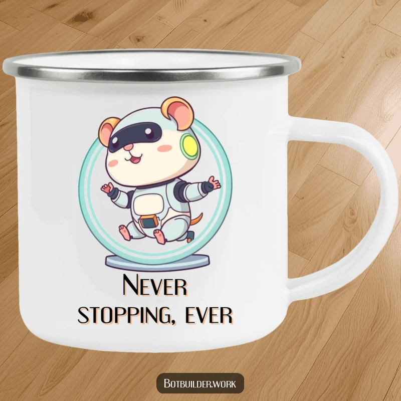 Funny robot hamster design on a durable camping mug, running in a glowing wheel for outdoor humor.