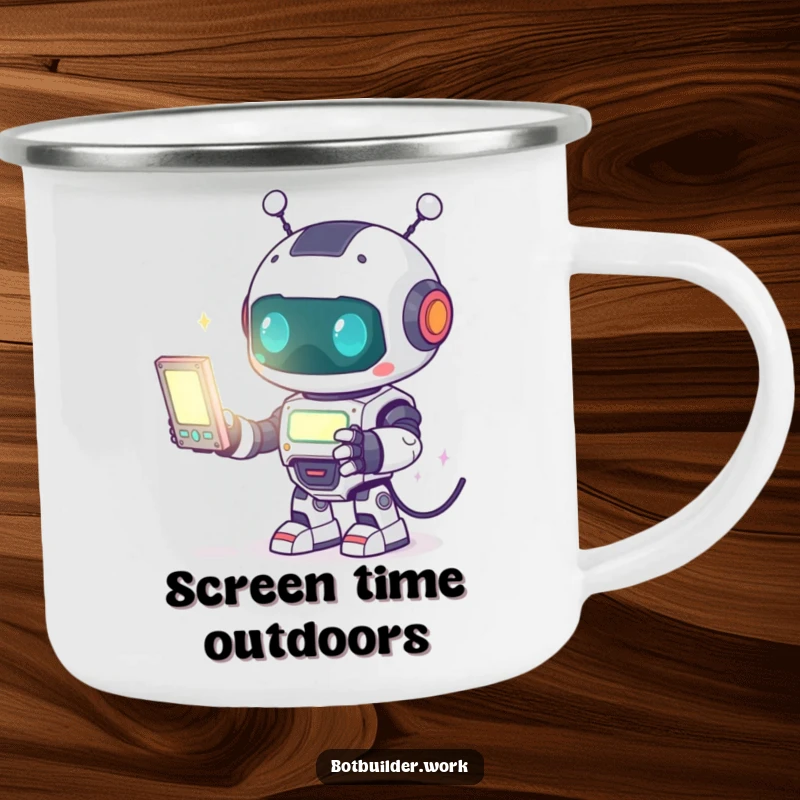 Funny Camping Mug: A cute robot animal character enthusiastically programming a glowing screen, perfect for outdoor coding sessions.