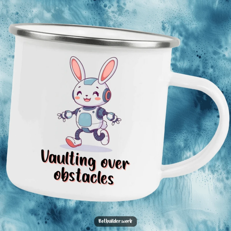 Funny robot rabbit design on a durable camping mug, hopping with spring-loaded legs for outdoor humor.
