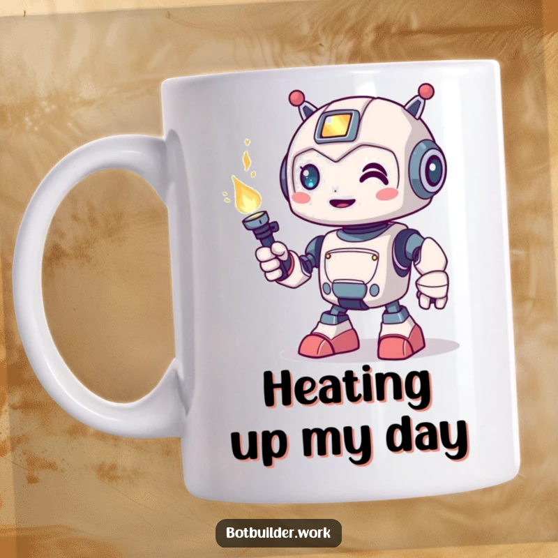 Funny Mug featuring a cute robot animal character playfully holding a lit welding torch, ready for action with a smile.