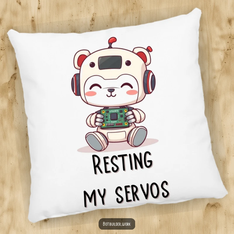 Funny Pillow: A cute robot animal character happily assembling a small circuit board, offering cozy tech-themed decor and a humorous touch.