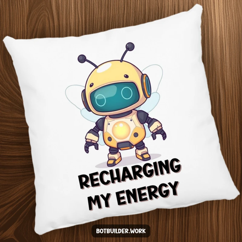Funny robot bee character printed on a soft pillow, buzzing near a glowing capacitor for a humorous touch.