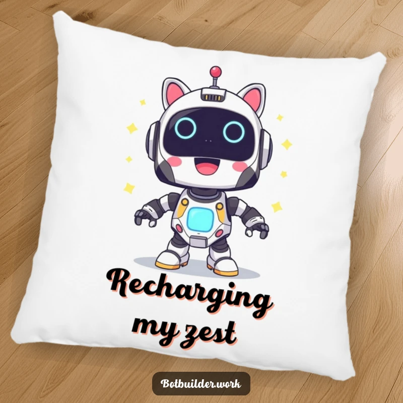 Funny Pillow: A cute robot animal character powering up, surrounded by joyful blinking lights, offering soft, luminous comfort.