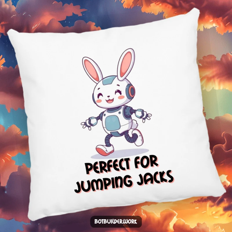 Funny robot rabbit character printed on a soft pillow, hopping with spring-loaded legs for a humorous touch.