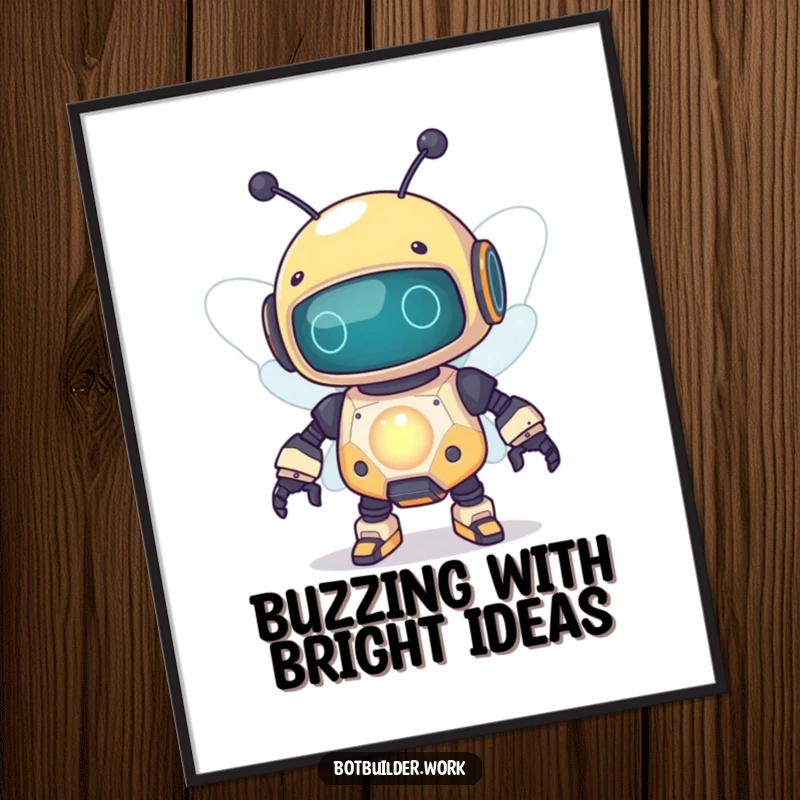 Funny robot bee digital art print of a character buzzing around a glowing capacitor, full of tech humor.