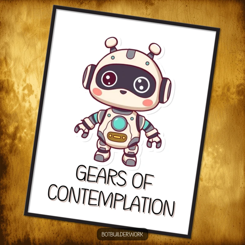 Funny Digital Art Print: A cute robot animal character with visible gears, looking around with a curious expression, symbolizing intellect.