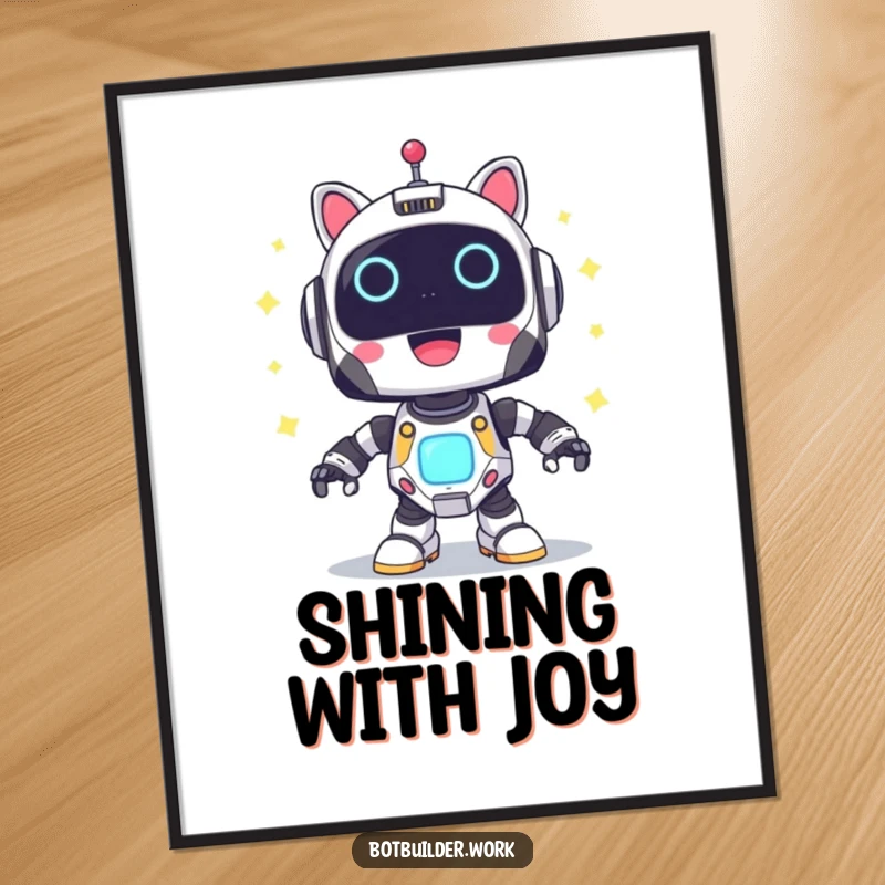 Funny Digital Art Print: A cute robot animal character powering up with joyful blinking lights, celebrating energy and illumination.