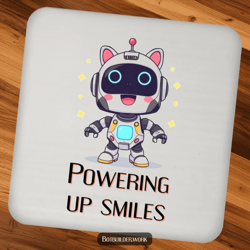 Funny Coaster: A cute robot animal character powering up with joyful blinking lights, adding a touch of bright decor.