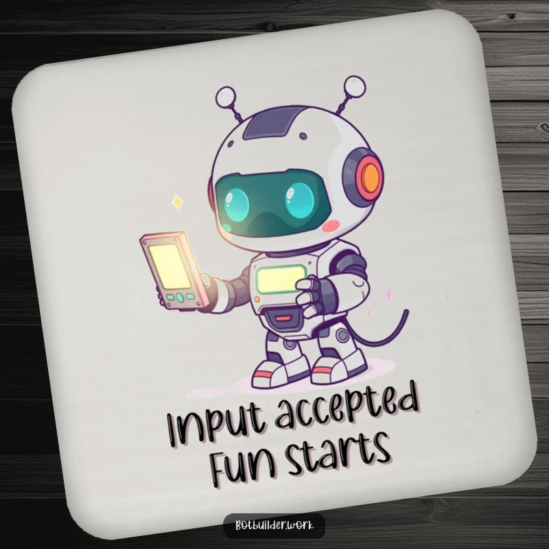 Funny Coaster: Cute robot animal character enthusiastically programming a glowing screen, a stylish tech accessory for any surface.