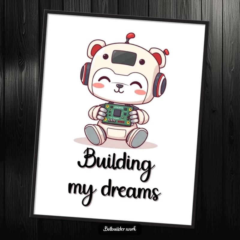 Funny Poster: Cute robot animal character smiles as it assembles a tiny circuit board, a charming illustration of engineering joy.