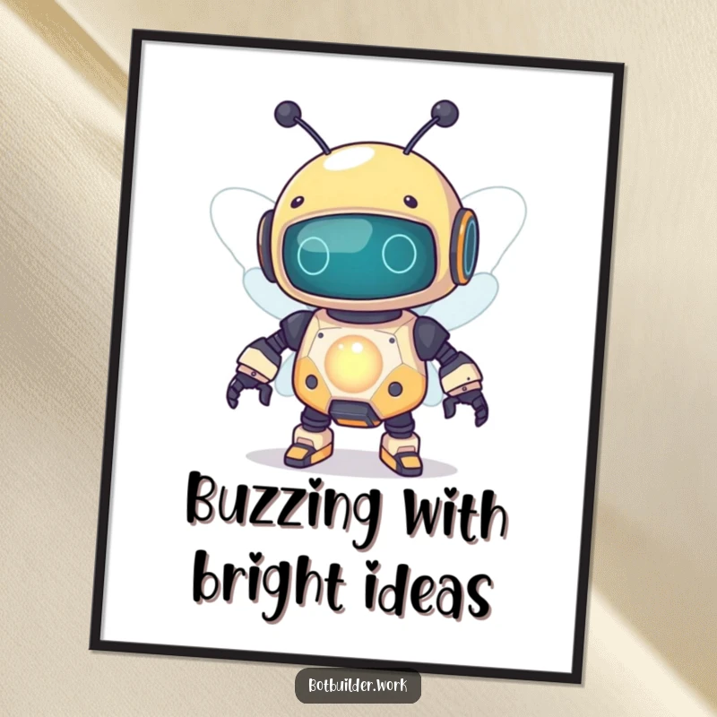 Funny robot bee artistically depicted buzzing around a large, glowing capacitor, radiating humor and energy.