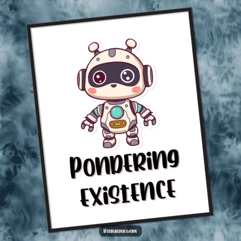 Funny Poster: A cute robot animal character with intricate gears exposed, looking around with a curious and thoughtful expression.