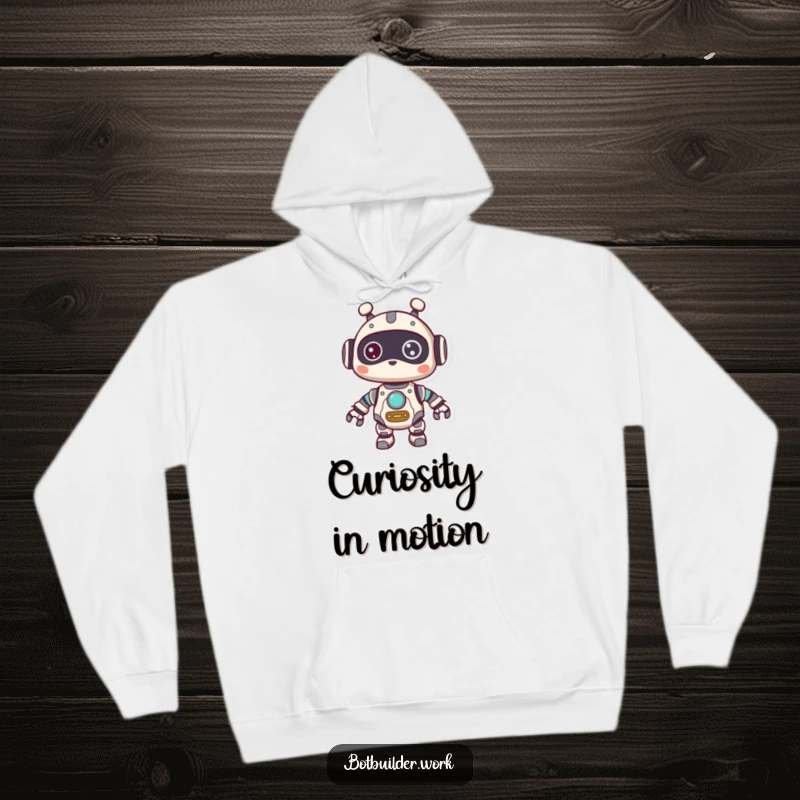 Funny Hoodie: A cute robot animal character with intricate gears visible, looking around with a thoughtful, curious expression.