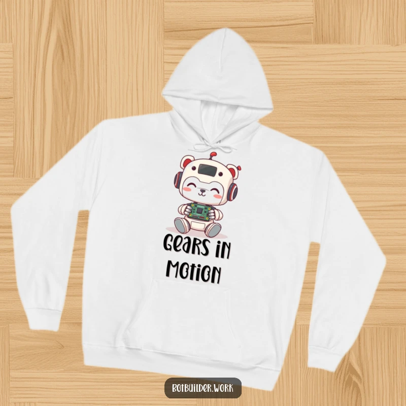 Funny Hoodie: A cute robot animal character beams with joy while assembling a miniature circuit board, embodying the spirit of invention.