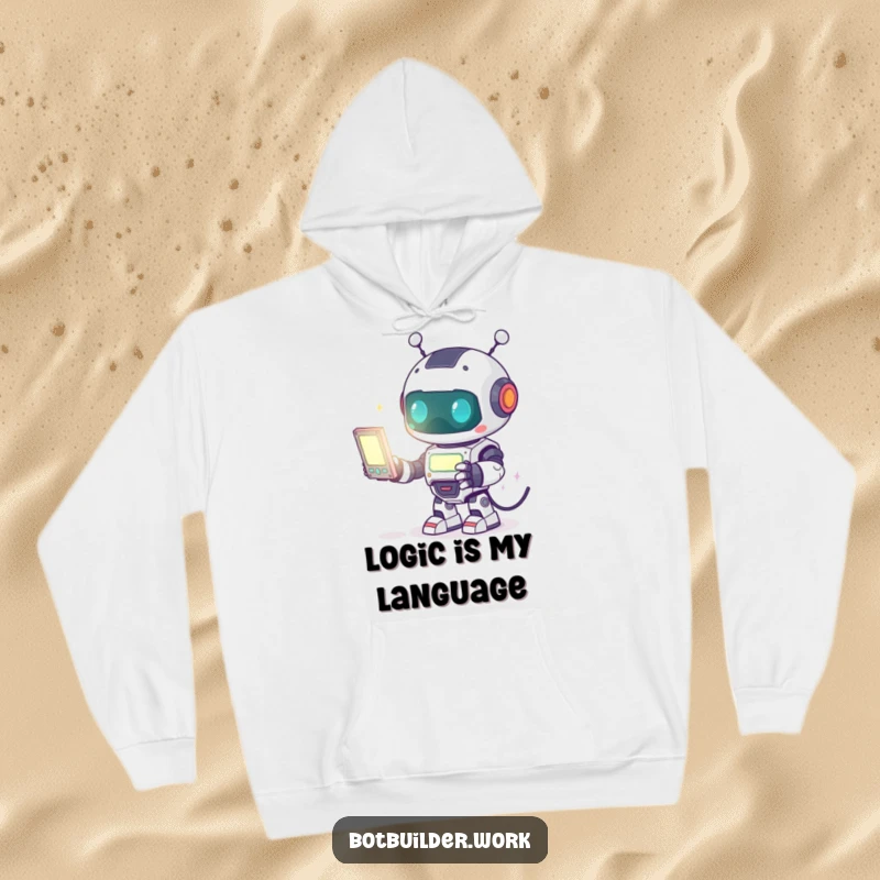 Funny Hoodie: A cute robot animal character intensely focused on programming a luminous screen, showcasing passion for code.