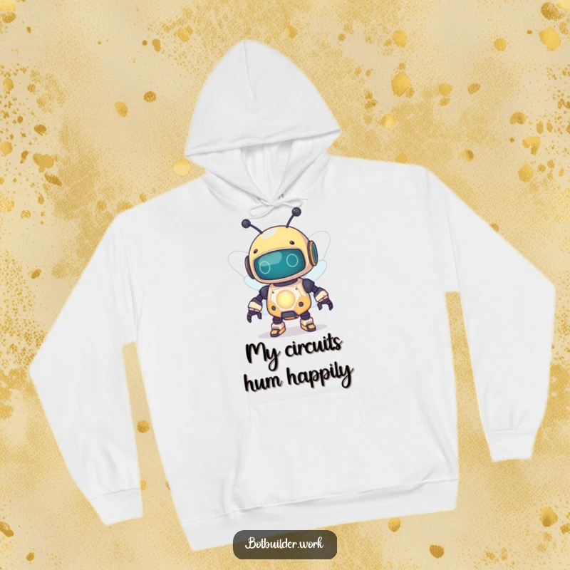 Funny robot bee design on a cozy hoodie, buzzing around a glowing capacitor for a humorous vibe.