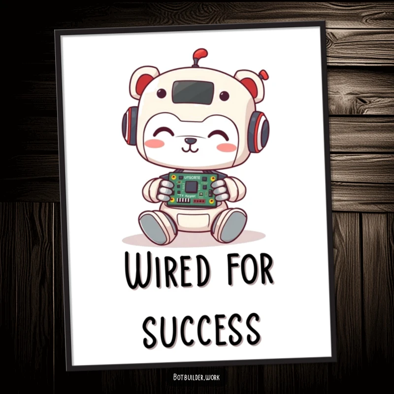 Funny Free Printable Robot Animal Wall Art: Cute robot character smiling while assembling a tiny circuit board, whimsical decor.