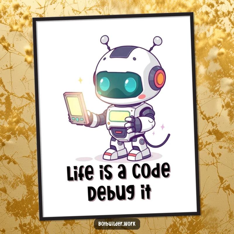 Funny Free Printable Robot Animal Wall Art: Robot enthusiastically programming a glowing screen, vibrant and quirky decor.