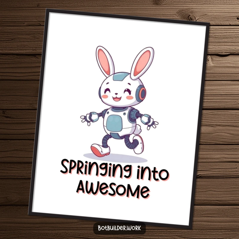Funny Free Printable Wall Art: A smiling robot rabbit character with visible spring-loaded legs, captured mid-hop, bringing playful energy to the room.