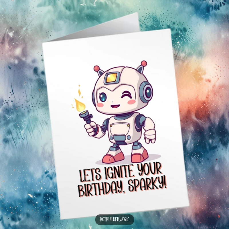 Funny Free Printable Robot Animal Card: Robot playfully holding a welding torch, sparks flying, perfect for a wild birthday.
