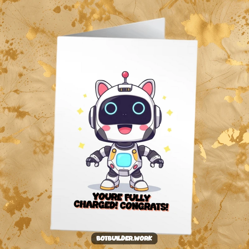 Funny Free Printable Robot Animal Card: Robot beaming with joyful blinking lights, signaling a successful power up.