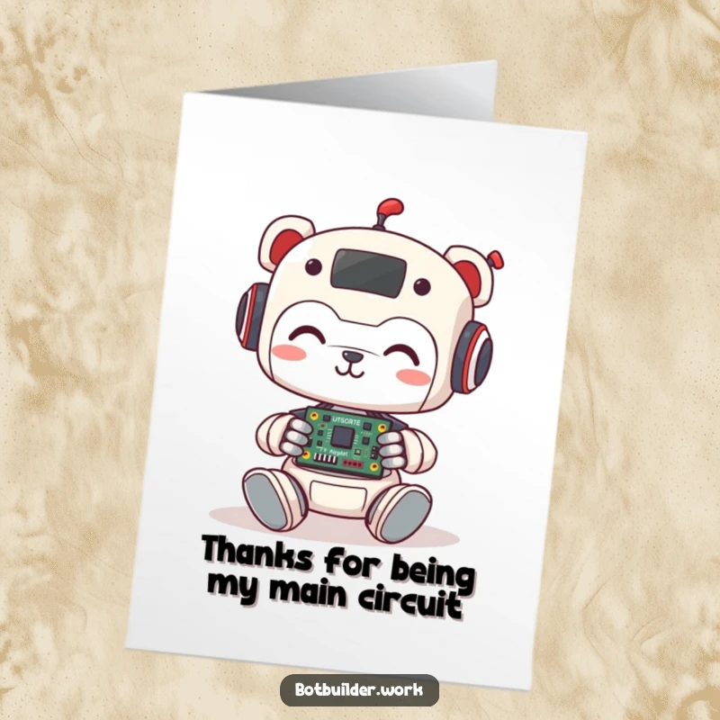 Funny Free Printable Robot Animal Card: Cute robot assembler working on a circuit smiling, expressing thanks with charm.