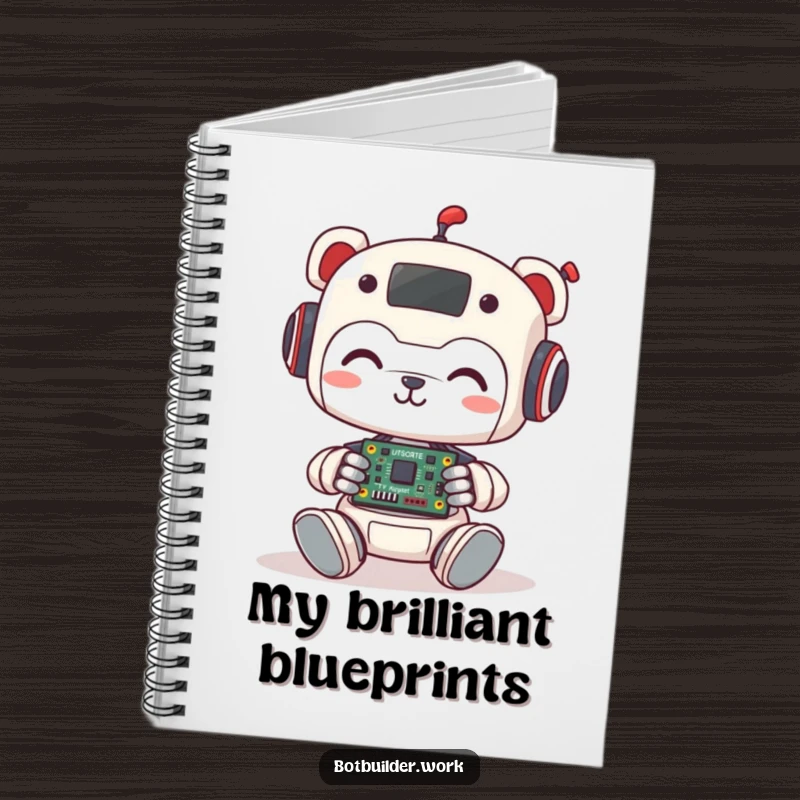 Funny Notebook: Cute robot animal character smiles while assembling a tiny circuit board, inspiring ideas and sparking creativity.