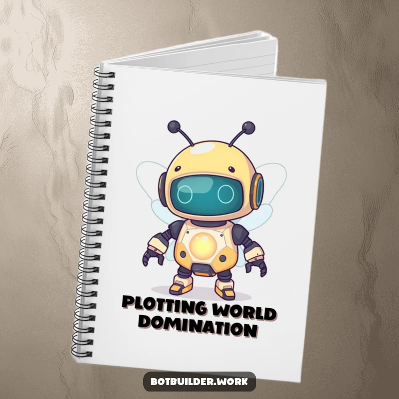 Funny robot bee character on a notebook cover, buzzing around a glowing capacitor, ready for creative notes.