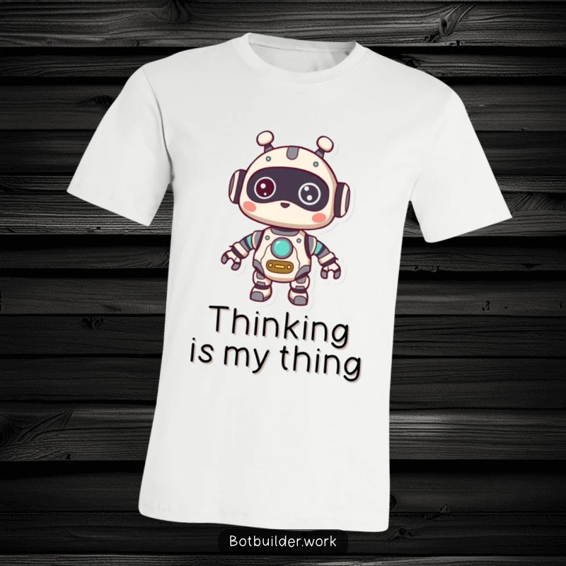 Funny T-Shirt: A cute robot animal character with visible gears, looking around with an expression of wonder and curiosity.