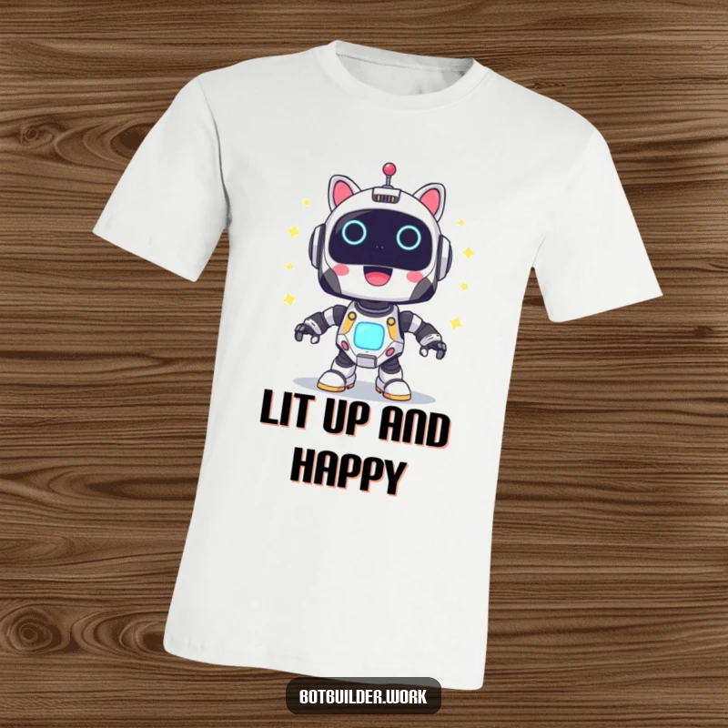 Funny T-Shirt: A cute robot animal character in the process of powering up, adorned with joyful, colorful blinking lights.