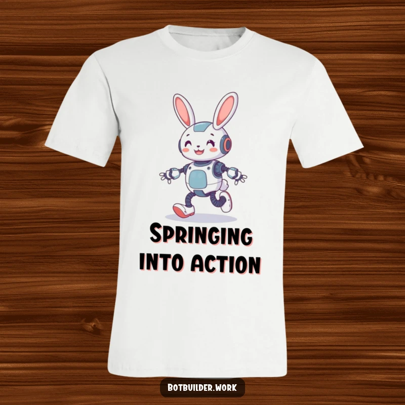 Funny robot rabbit shirt design of a character joyfully hopping with visible spring-loaded legs, full of bounce.