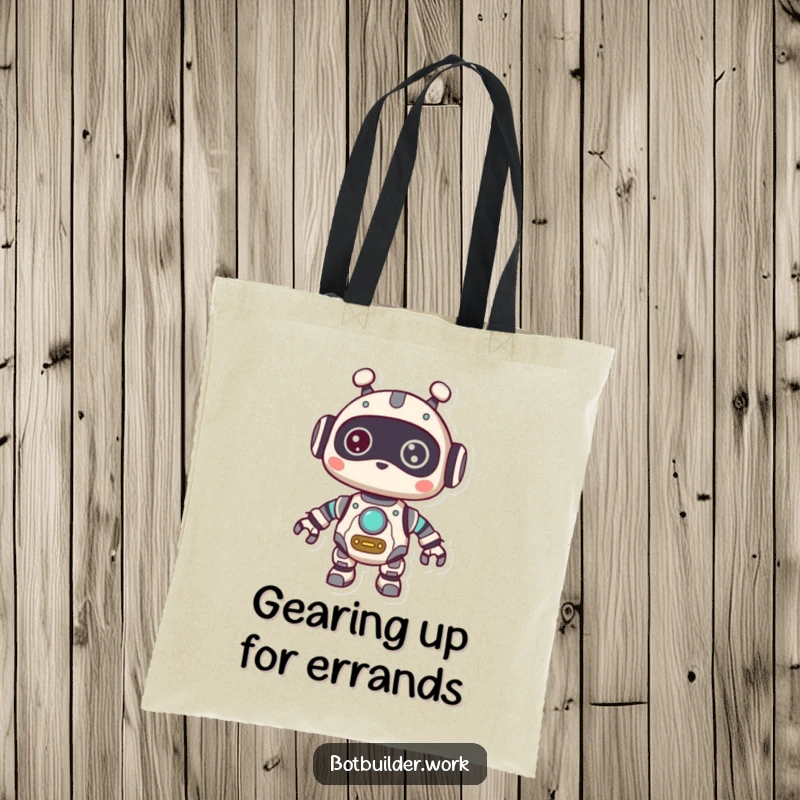 Funny Tote Bag: A cute robot animal character with visible gears, looking around with a curious expression, ready for exploration.