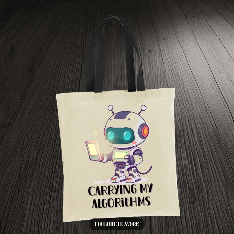 Funny Tote Bag: Cute robot animal character absorbed in programming a glowing digital screen, a stylish accessory for coders.