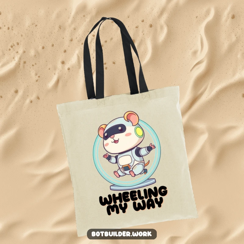 Funny robot hamster character running in a glowing wheel on a tote bag, showcasing a humorous design.